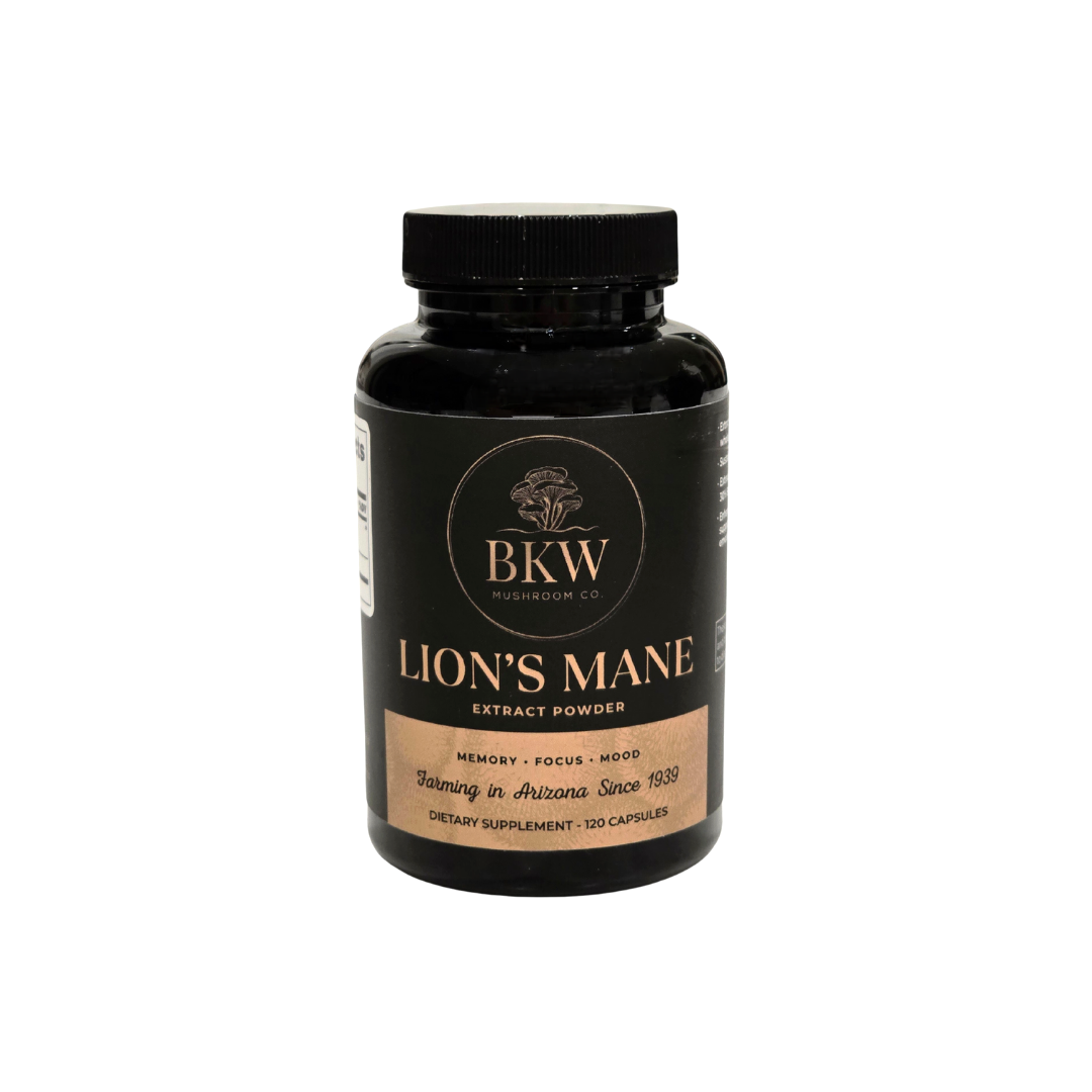 Bottle of Lion's Mane extract powder by BKW Mushroom Co. on a white background