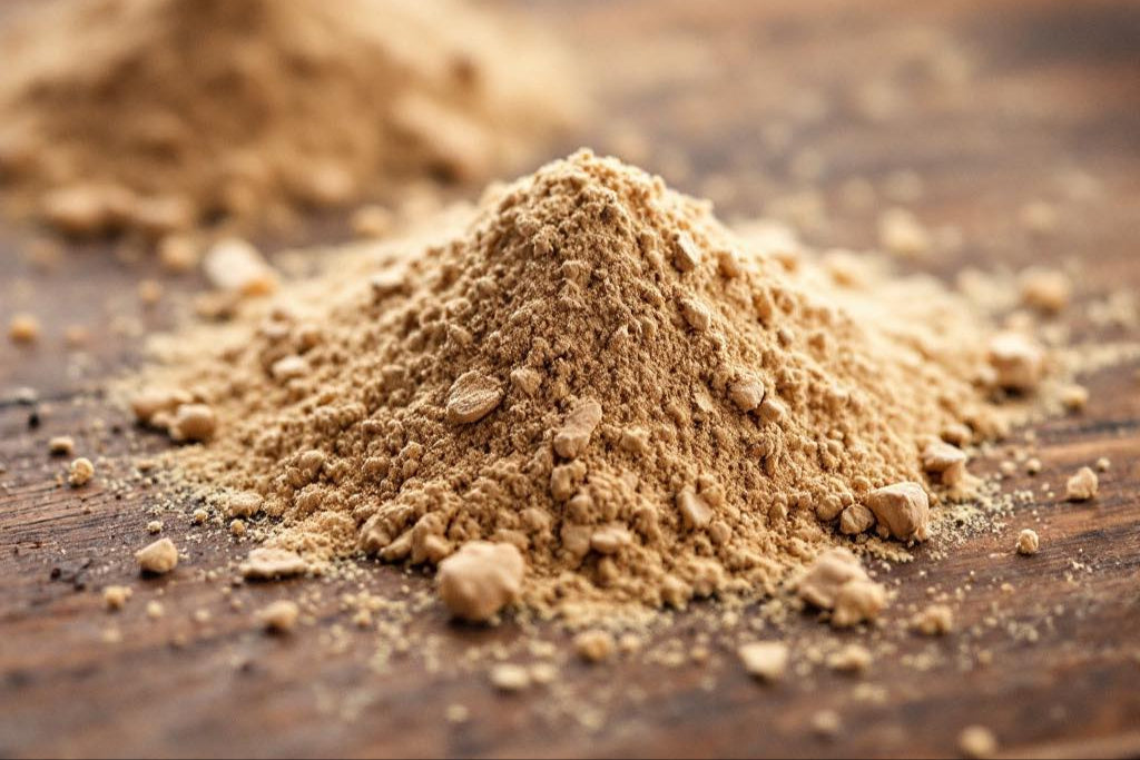 Small pile of dual extract mushroom powder. BKW mushroom co.
