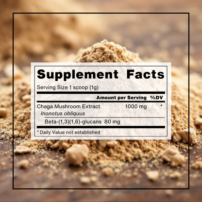 BKW Mushroom Co graphic for the Supplement facts of their chaga dual extract powder
