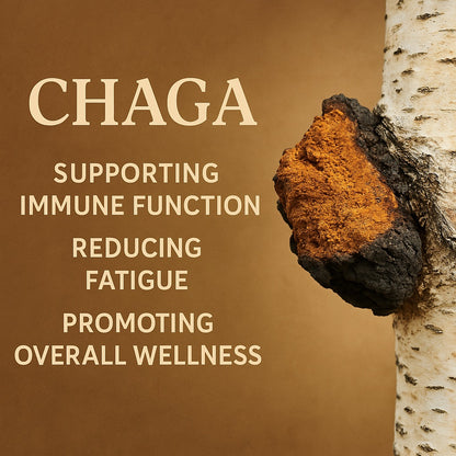 BKW Mushroom Co graphic for the benefits of their Chaga Dual Extract Powder. 