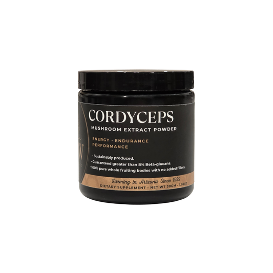 Jar of Cordyceps mushroom extract powder on a white background