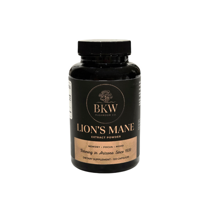 Bottle of Lion's Mane extract powder by BKW Mushroom Co. on a white background