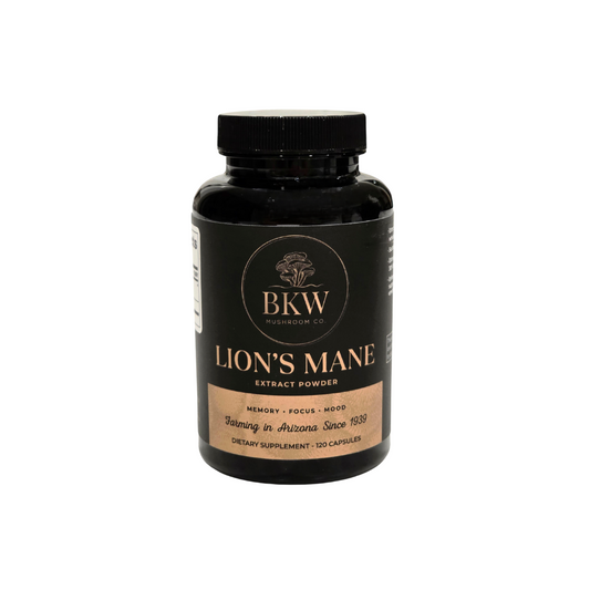 Bottle of Lion's Mane extract powder by BKW Mushroom Co. on a white background