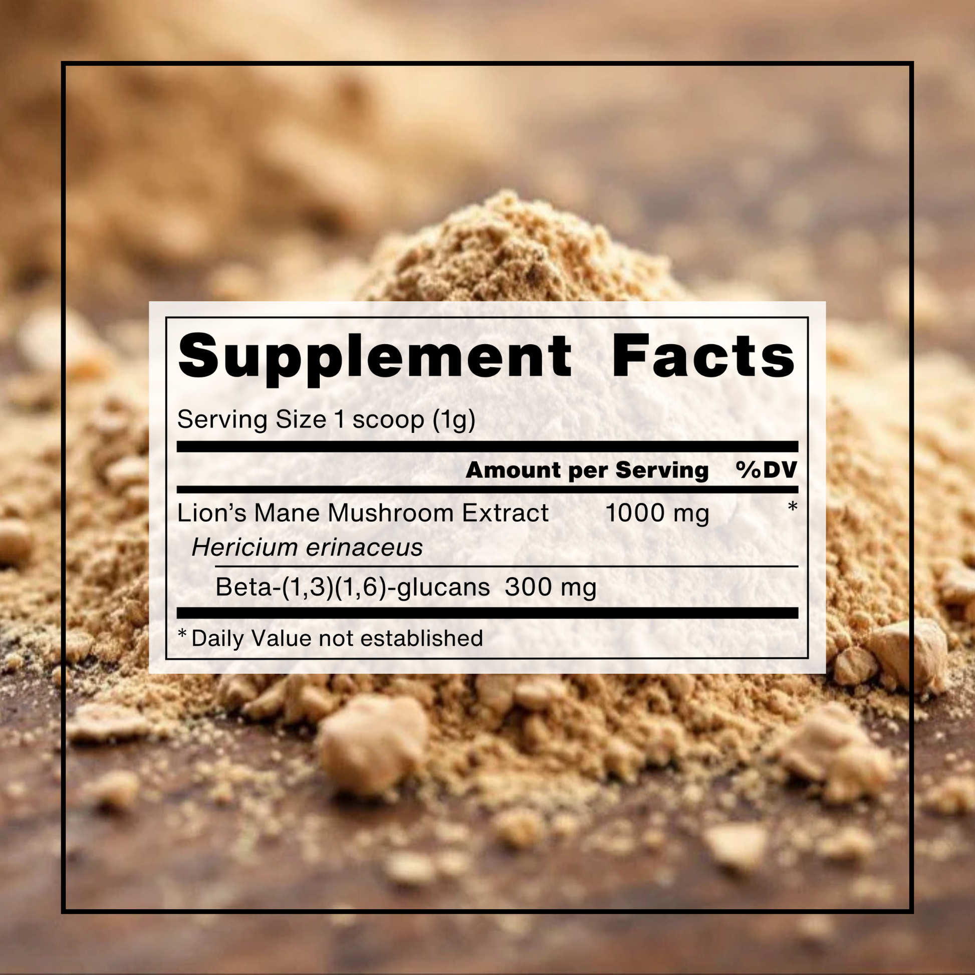 BKW Mushroom Co graphic for the supplement facts of their lions mane hot water extract powder. 